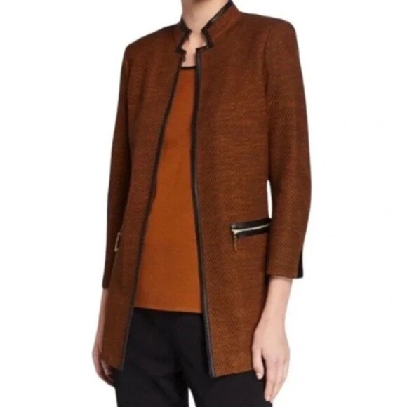 MISOOK Faux Leather Trim Jacket XL Brown Textured Single Clasp 3/4 Sleeve Career - Picture 1 of 16